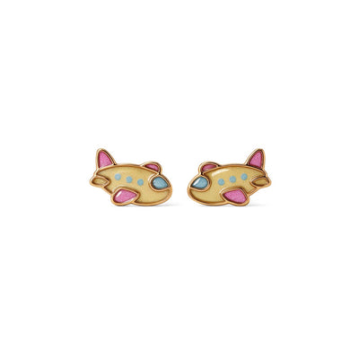 Playful Aeroplane 9KT Gold Stud Earrings for Kids