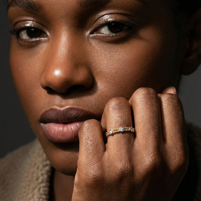 Triple Diamond Beaded 9KT Gold Laboratory Grown Diamond Ring